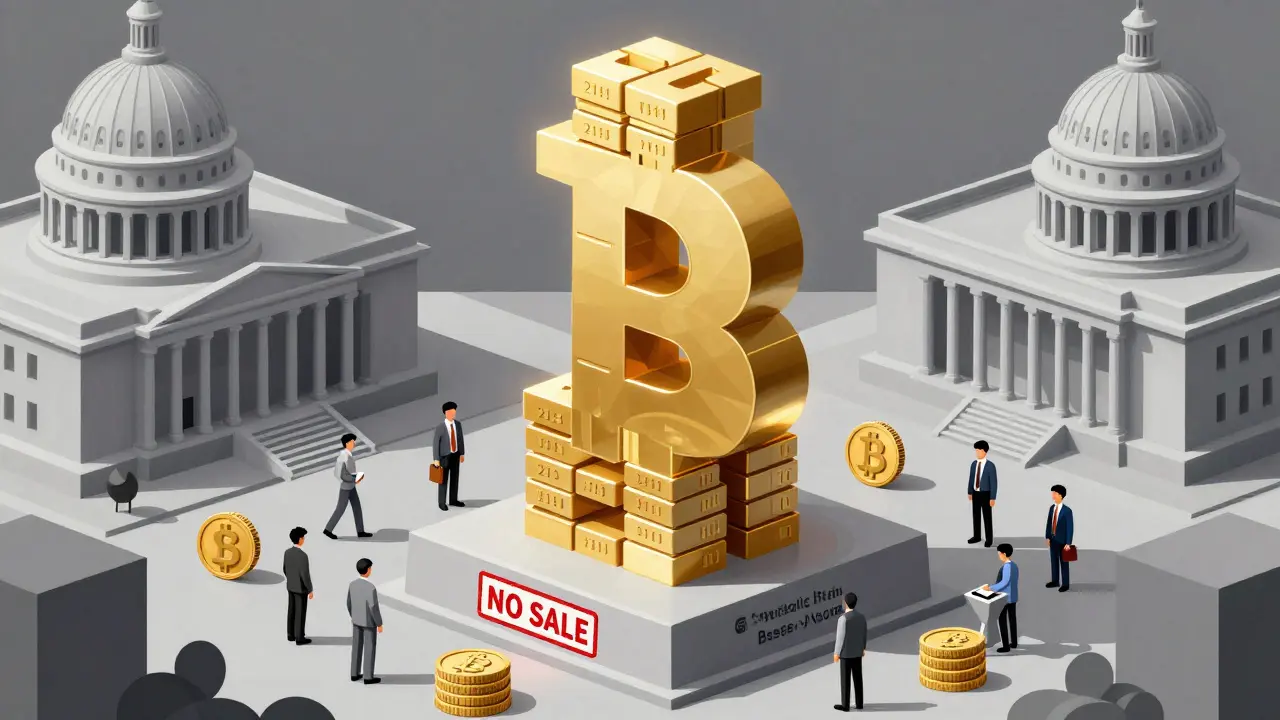 A towering stack of Bitcoin blocks forming a national monument with a 'NO SALE' seal, surrounded by investors and workers.
