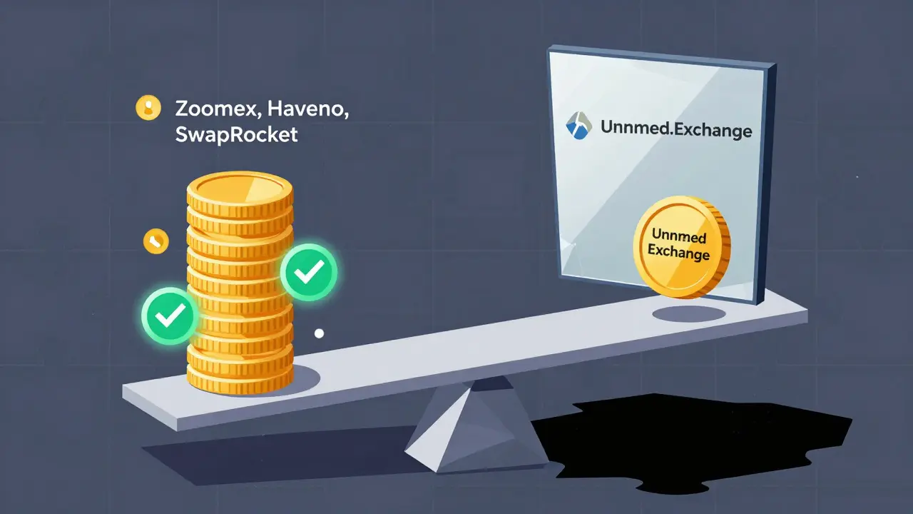 A trust scale tipping toward verified exchanges, with Unnamed.Exchange balanced over an abyss.