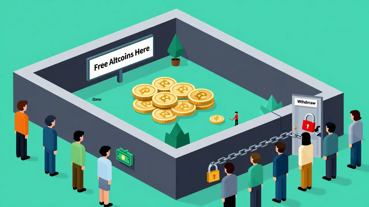 A walled garden of rare altcoins with users trapped inside, while others are locked out—red padlocks block the exit.