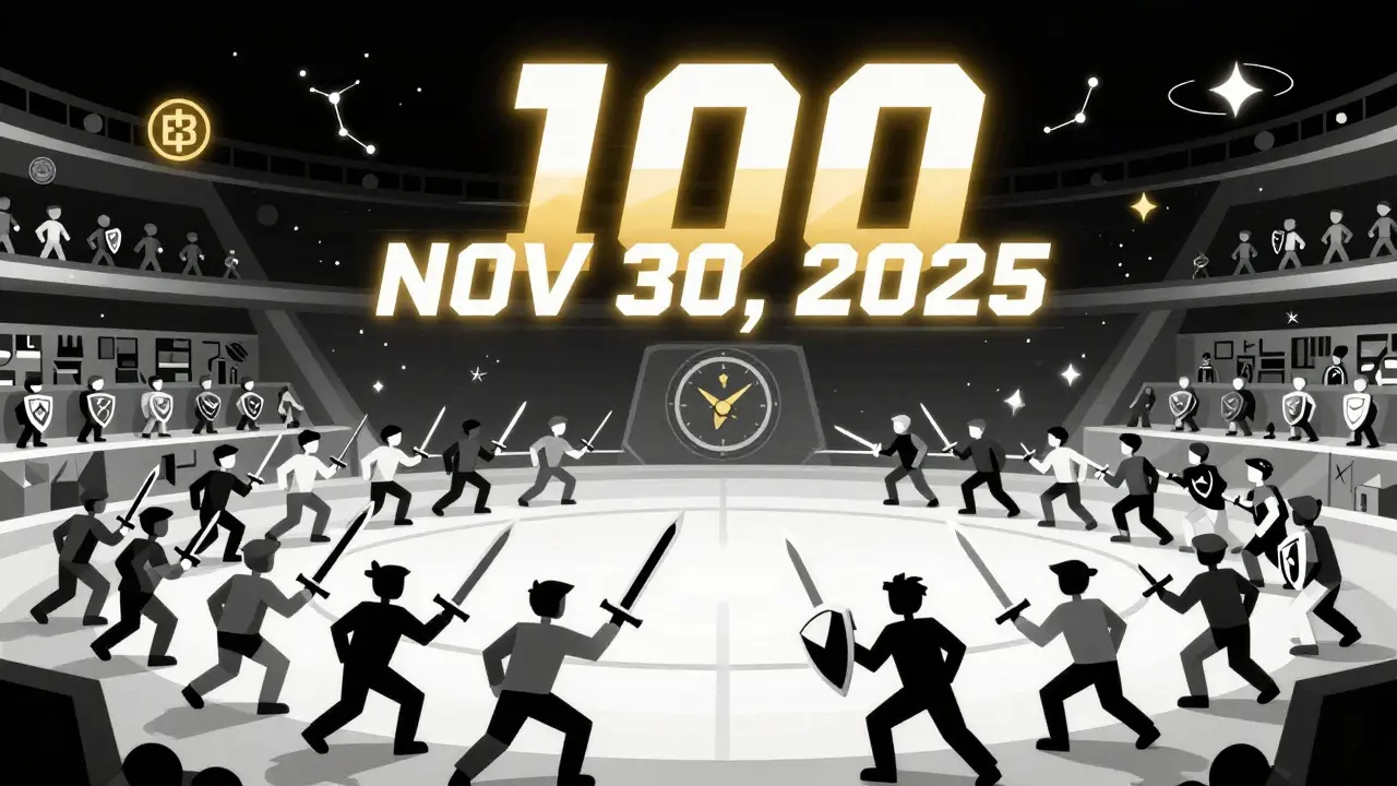Abstract GameFi arena with thousands of players competing, only 100 glowing gold at the top under a countdown clock.