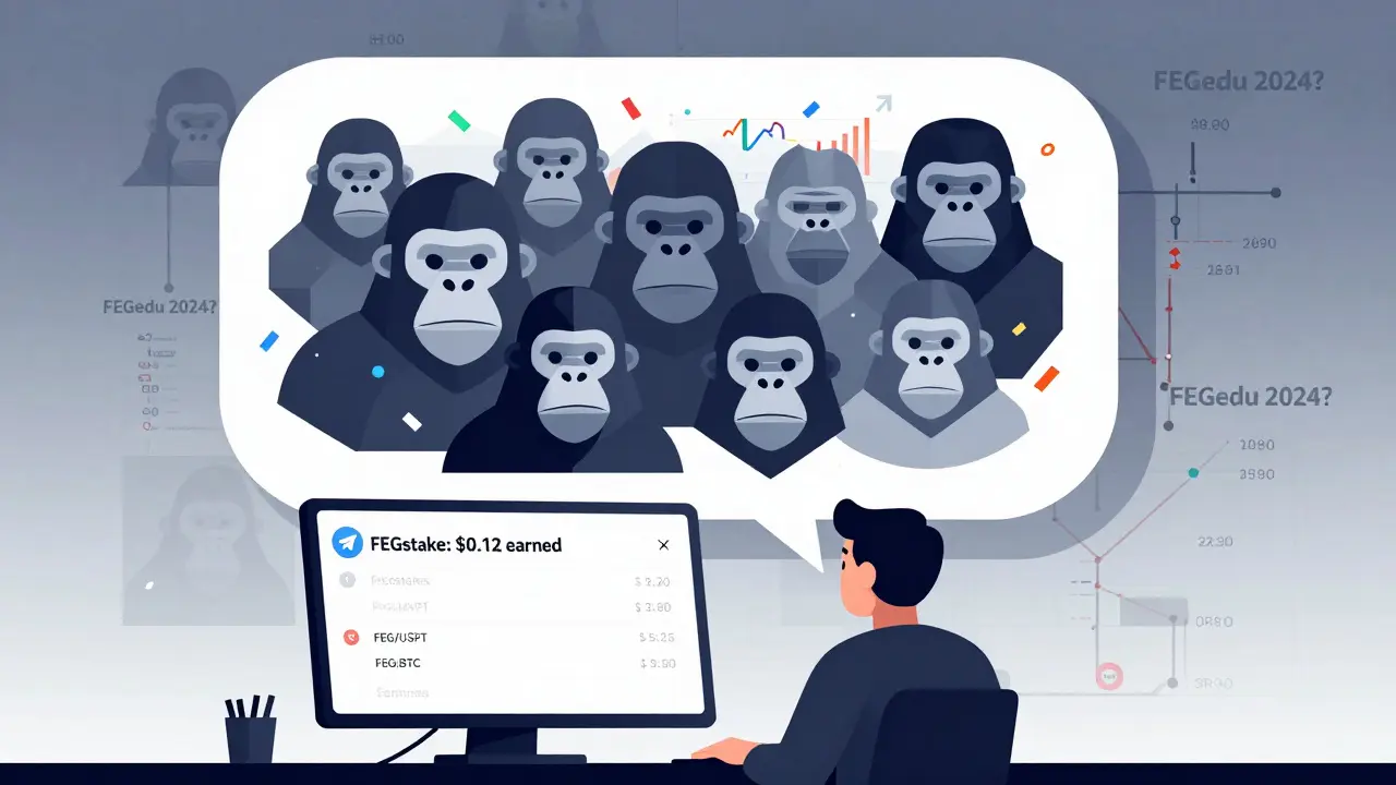 Abstract Telegram chat with gorillas and price charts, while a user sees minimal staking rewards and limited trading pairs.