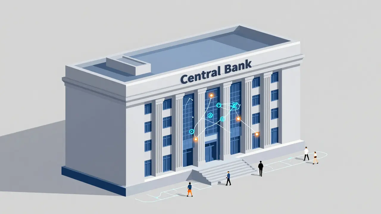 Central Bank building transforming from ban to regulation, geometric illustration style.
