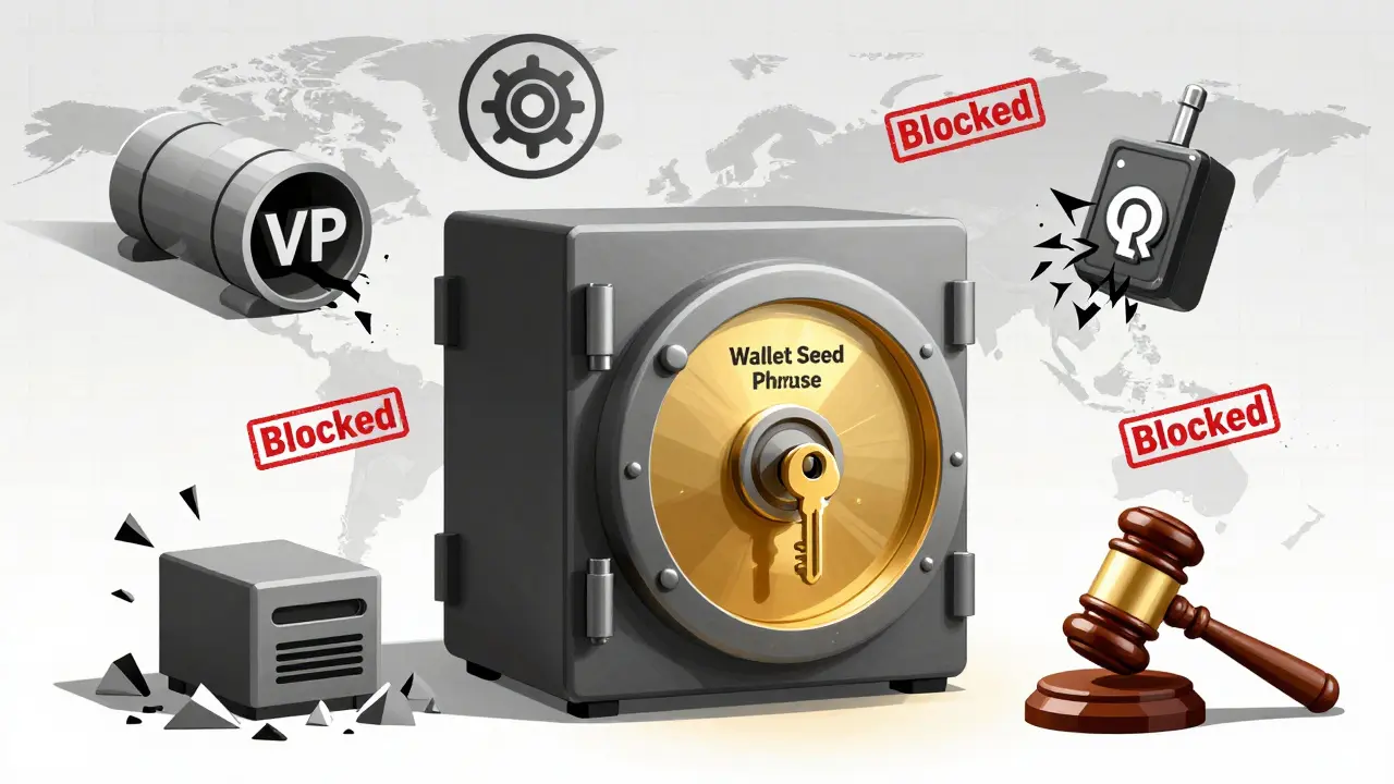 Central vault with seed phrase key, surrounded by failed privacy workarounds.