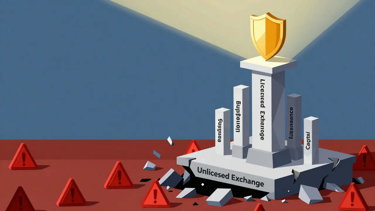 Collapsing unlicensed exchange vs. sturdy licensed tower with compliance pillars and golden shield.