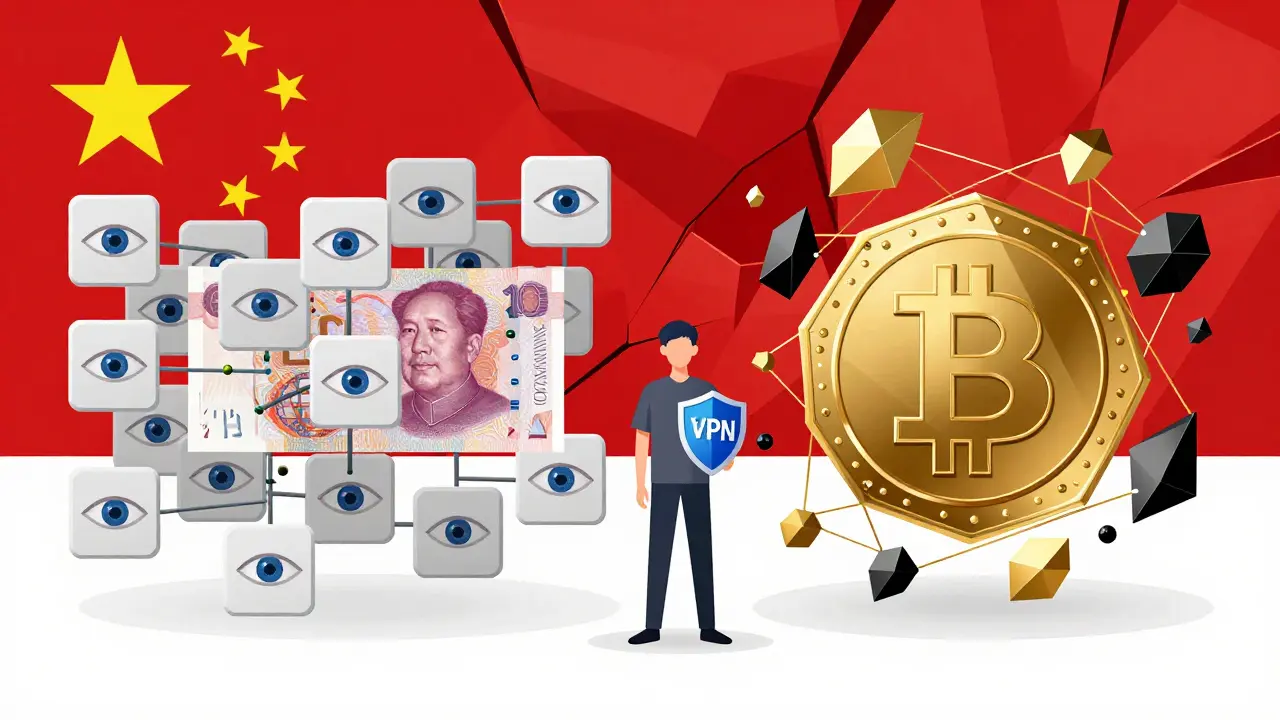 Contrast between China&#039;s tracked e-CNY system and decentralized crypto in geometric shapes.
