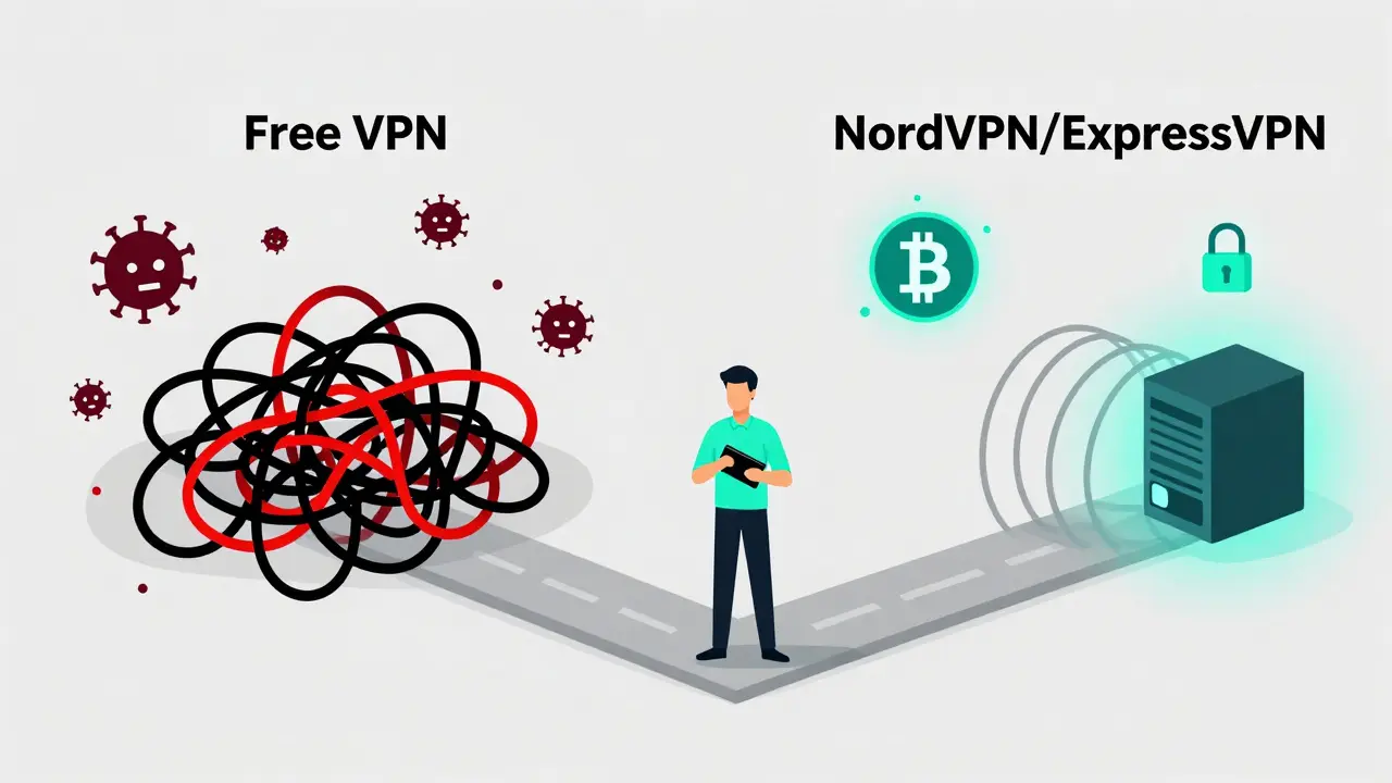 Contrasting paths: chaotic free VPN vs. clean premium VPN tunnel with crypto payment.