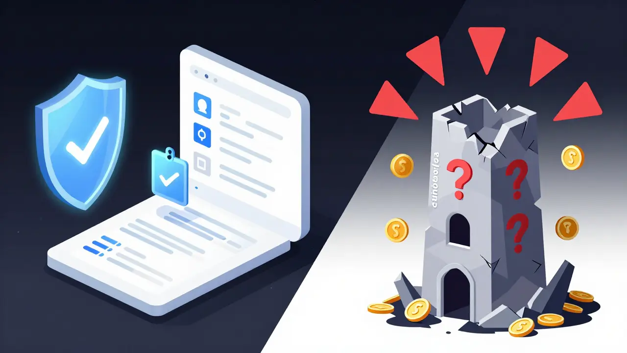 Contrasting regulated exchange vs. crumbling Coinquista tower with warning symbols.