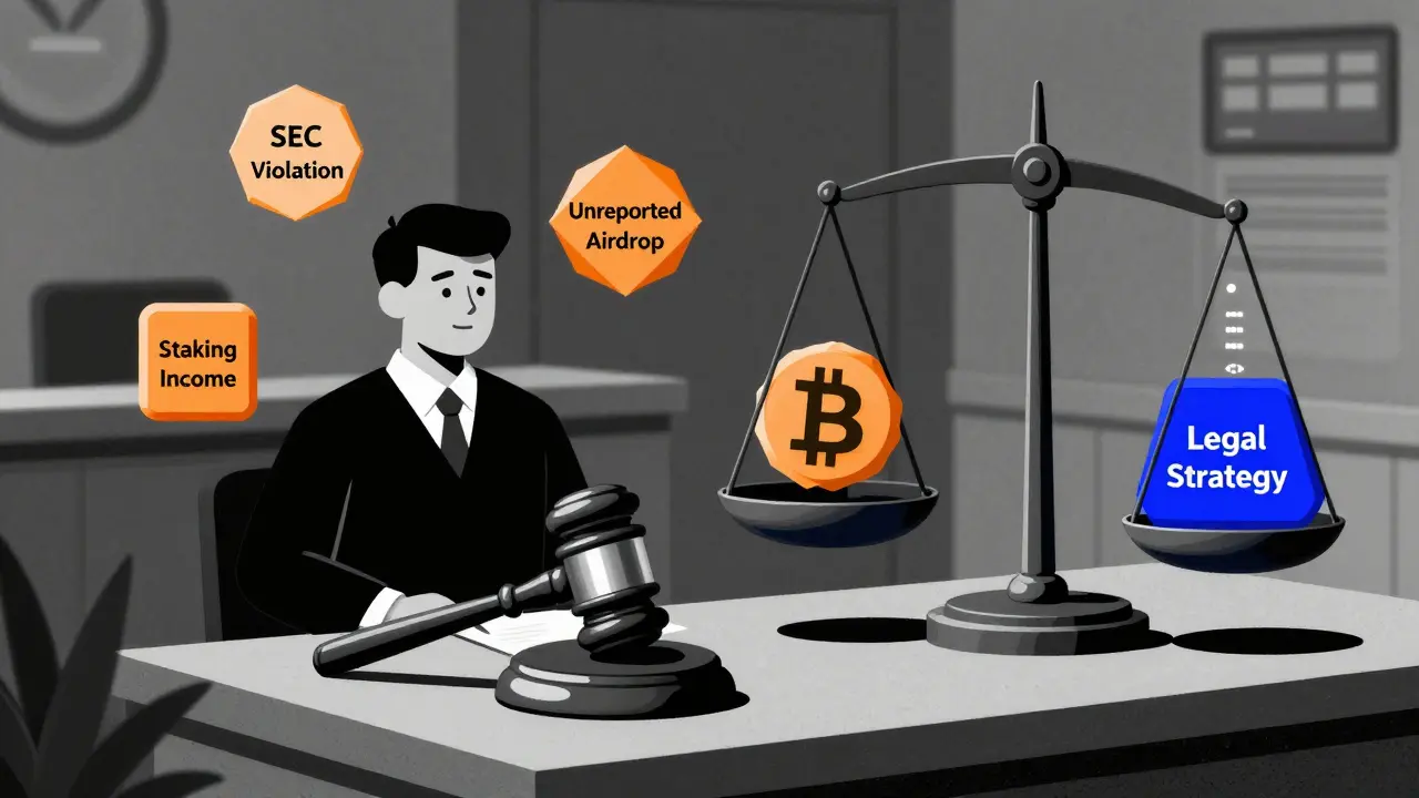 Courtroom with floating crypto tokens and a Bitcoin gavel, scale tipping toward penalties versus legal strategy.