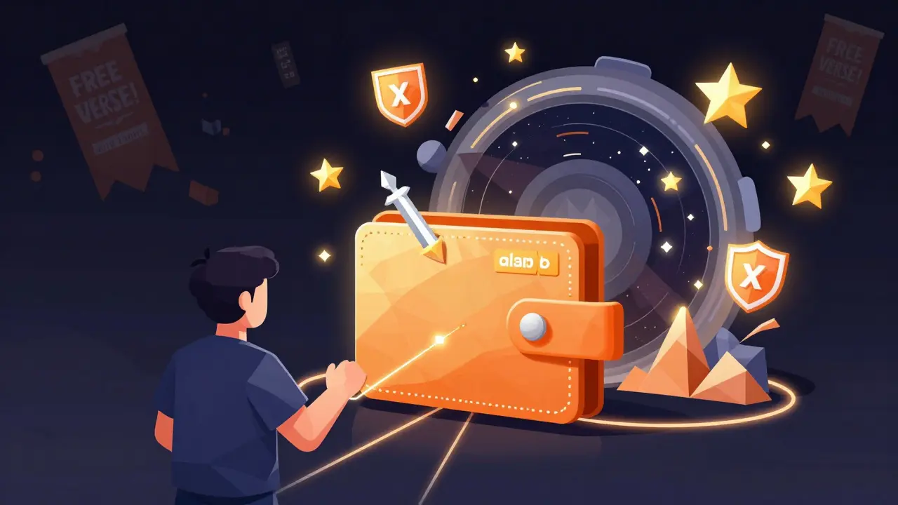 Digital wallet connected to a game portal while scam banners disintegrate.