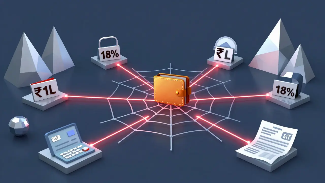 Digital web of bank accounts, crypto transactions, and GST tags linked by red lines.