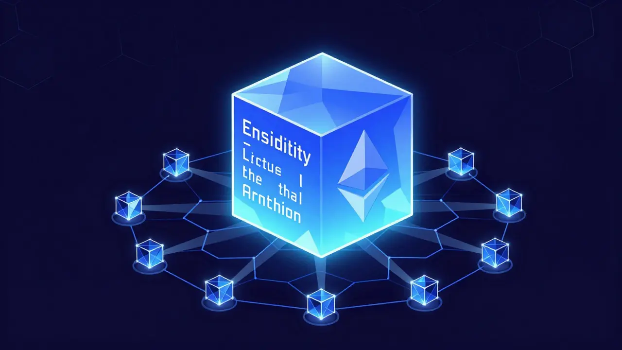 Ethereum Virtual Machine as a glowing crystal cube connected to a grid of network nodes.