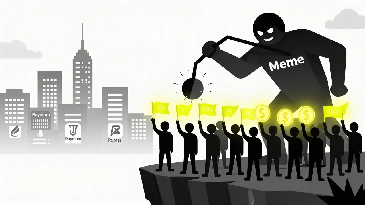 Faceless crowd holding GIGA tokens as a giant &#039;Meme&#039; figure controls price swings above them