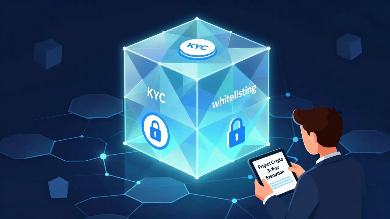 Glowing smart contract cube with compliance icons floating above a blockchain network.