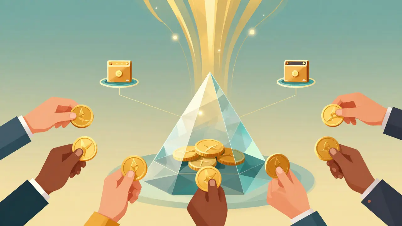 Hands placing ETH coins into a crystalline staking wallet with golden reward streams.