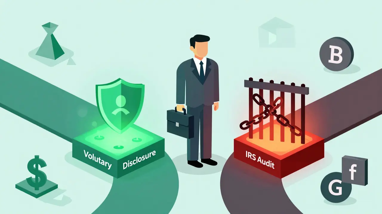 Lawyer standing between two paths: one leading to tax relief, the other to audit penalties, with crypto symbols nearby.