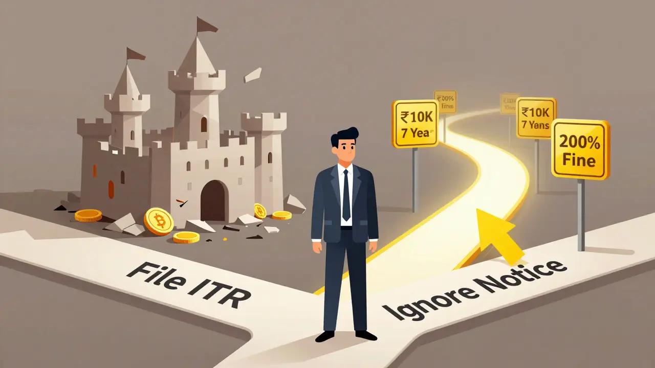 Man at a crossroads choosing between filing taxes or facing steep penalties.