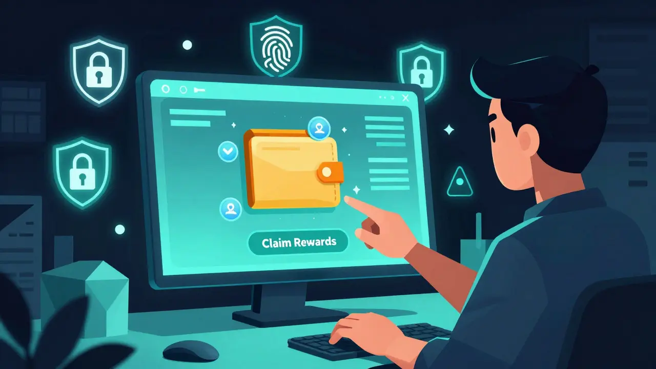 Player clicking 'Claim Rewards' button on a glowing digital interface with security icons around the screen.