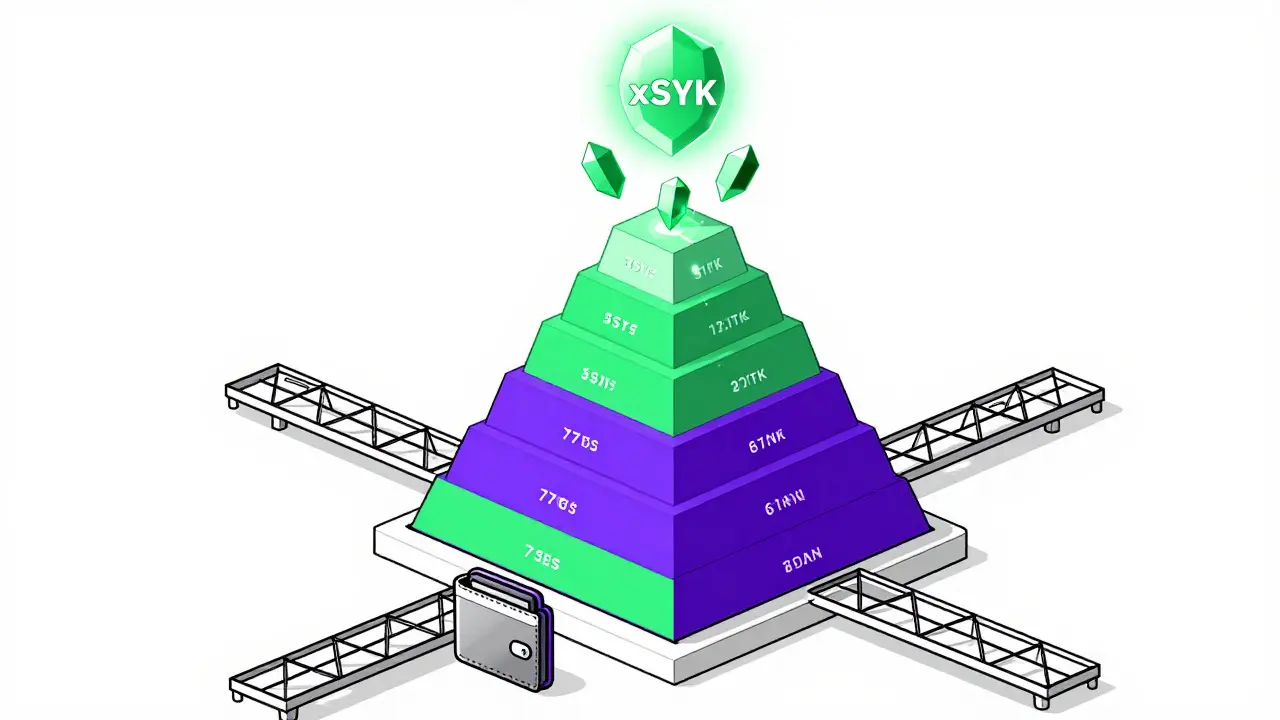 Pyramid diagram illustrating SYK to xSYK vesting tiers with blockchain connections.