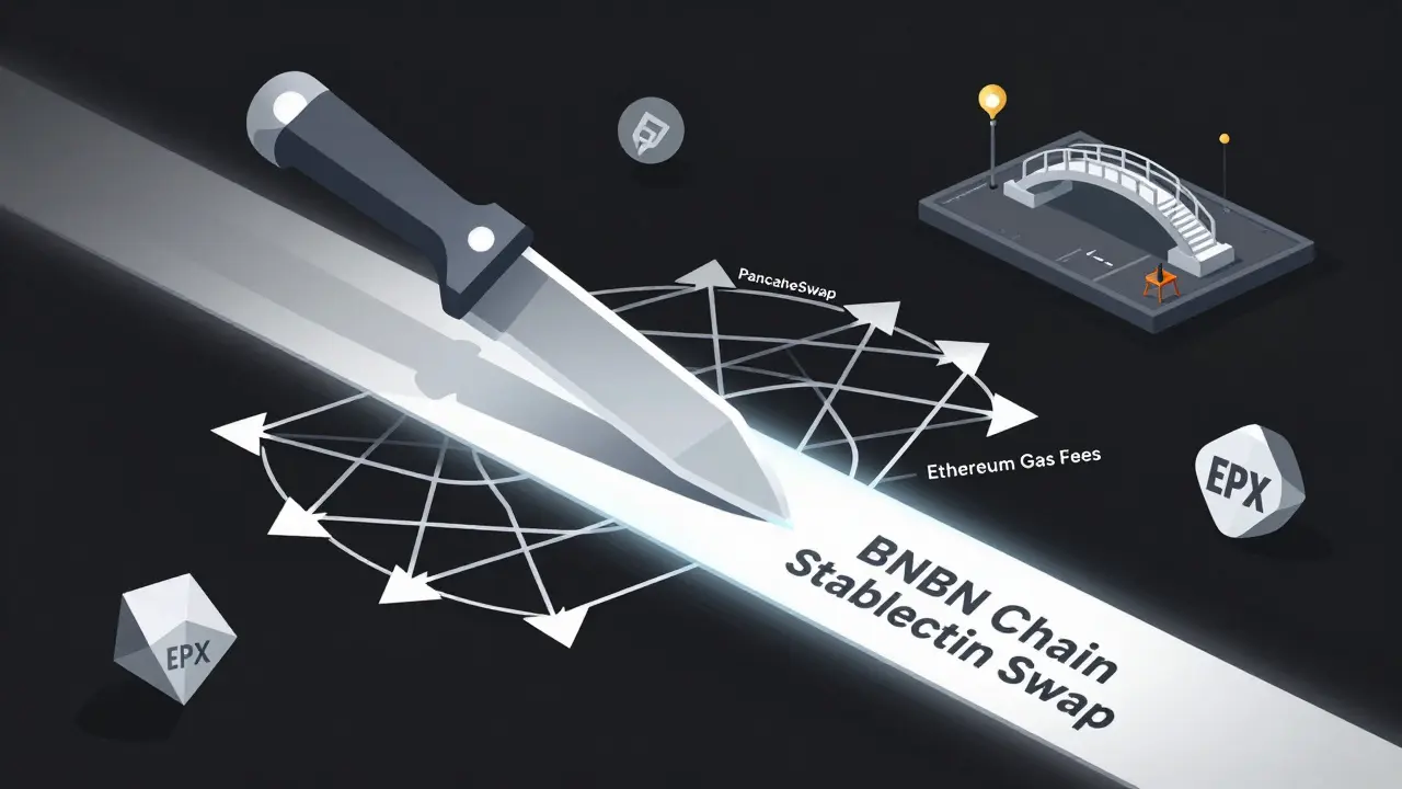 Scalpel cutting through chaotic trading paths to reveal smooth stablecoin swap route