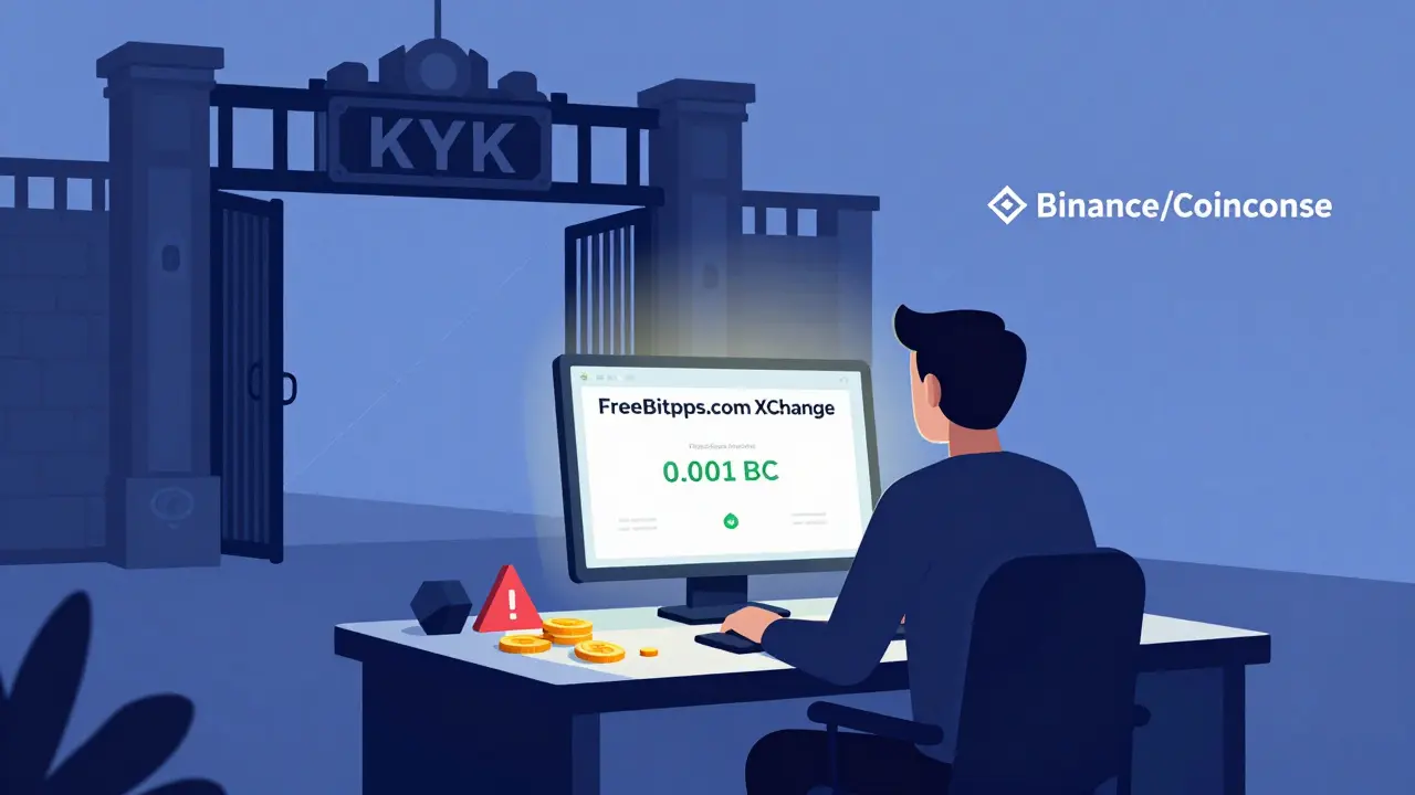 Silhouette facing a screen showing low crypto balance, with a blocked KYC gate and distant exchange paths in the background.