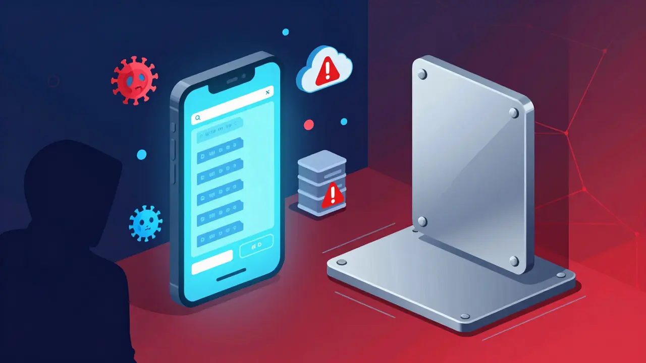 Smartphone displaying seed phrase surrounded by digital threats, contrasted with secure offline steel plate.