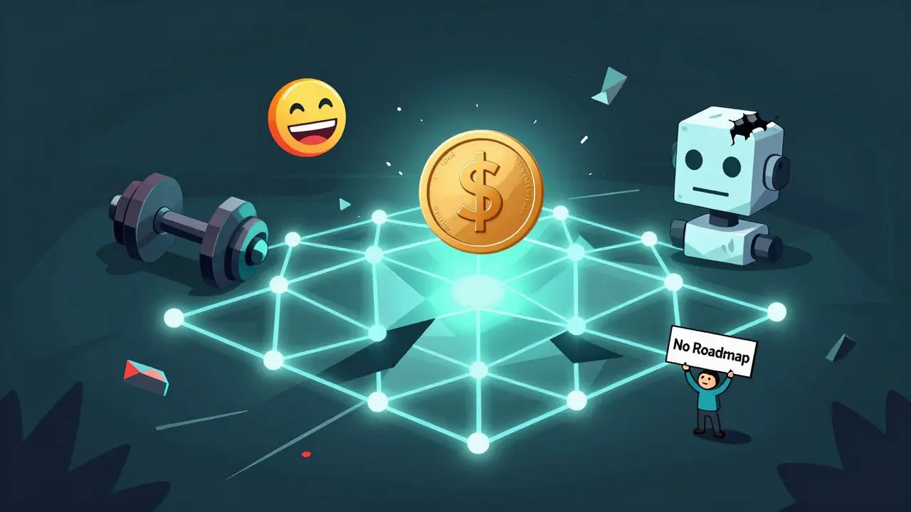 Solana blockchain grid with $GIGA token surrounded by symbols of fake AI and fitness culture