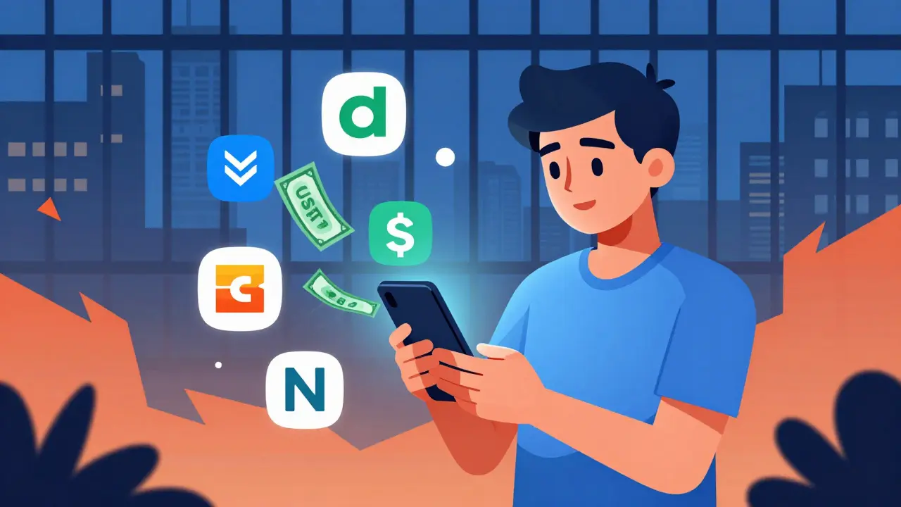 Someone exchanging cash for crypto on a phone, with a jail silhouette in the background.