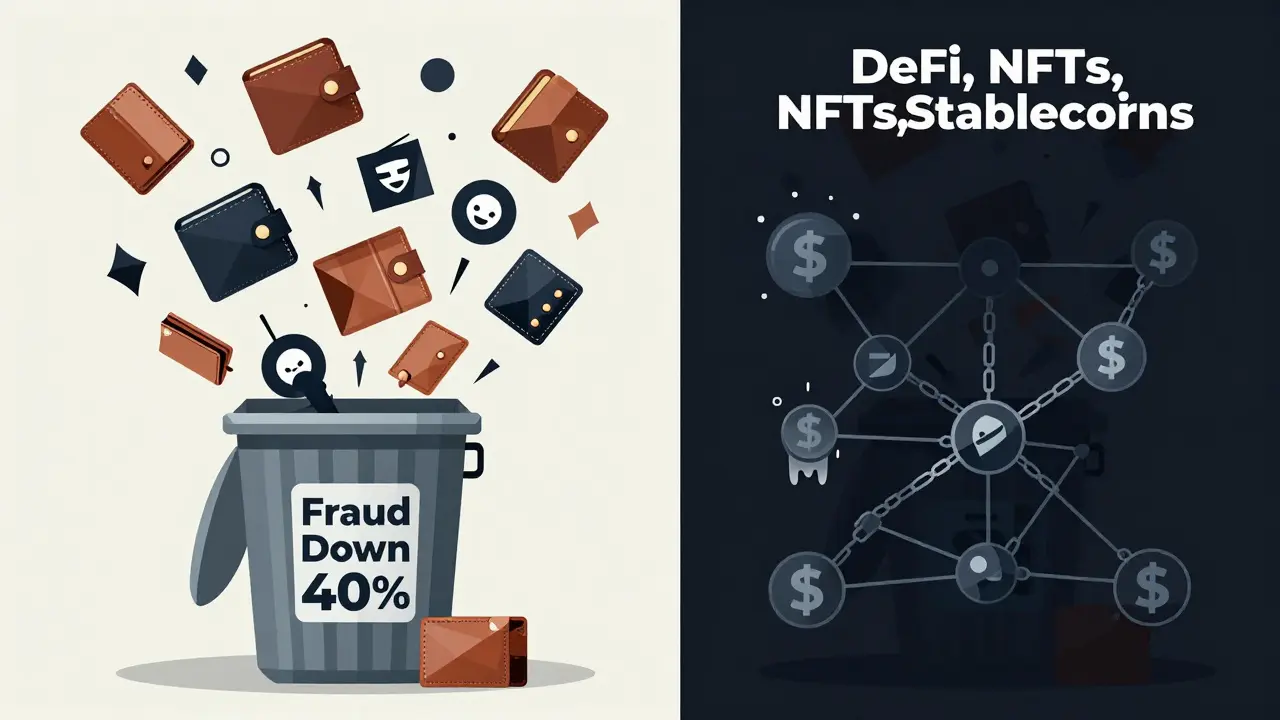 Split illustration: fading scams in trash bin vs emerging DeFi and NFT threats leaking money, rendered in sharp geometric shapes.