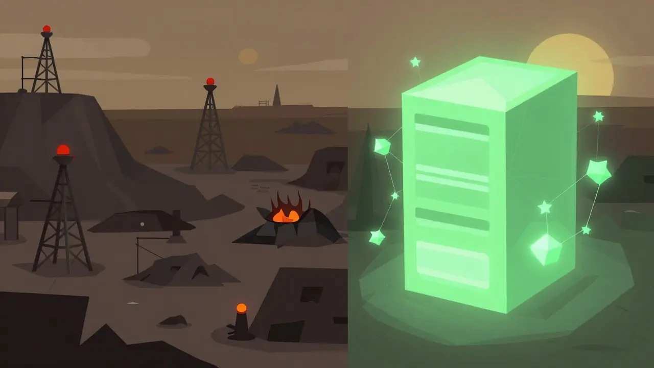 Split scene: chaotic mining farm vs. calm validator node in geometric style.