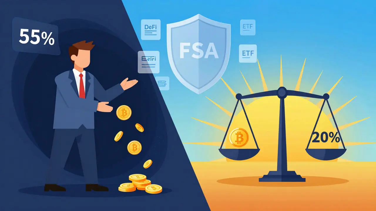 Split scene: high crypto taxes vs. proposed flat rate, with FSA and DeFi symbols in background.