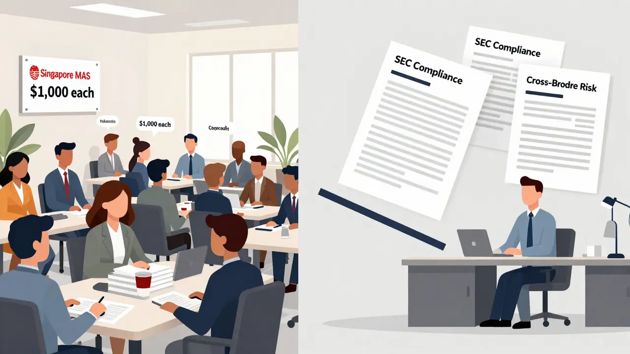 Split scene: investors in Singapore sandbox vs. overwhelmed entrepreneur with SEC compliance documents.