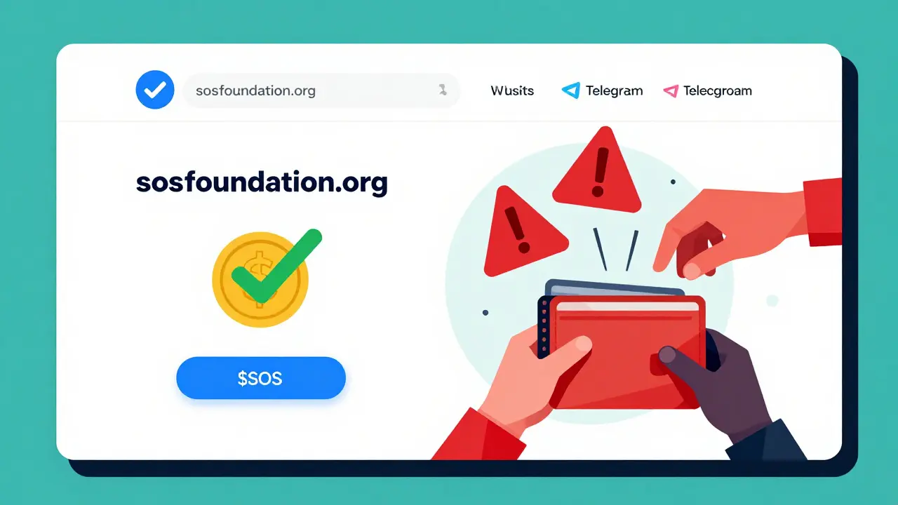 Split scene showing official crypto site vs. fake scam website in geometric style.