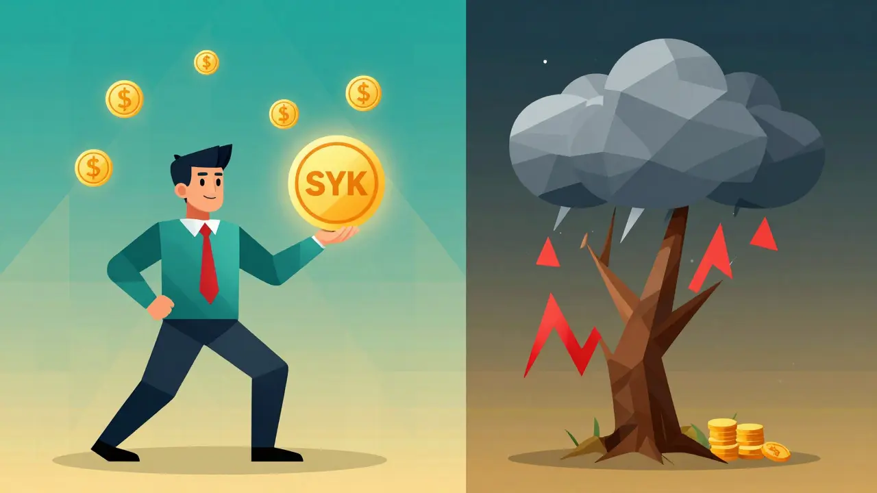Split-screen geometric art showing option selling rewards versus market risk in DeFi.