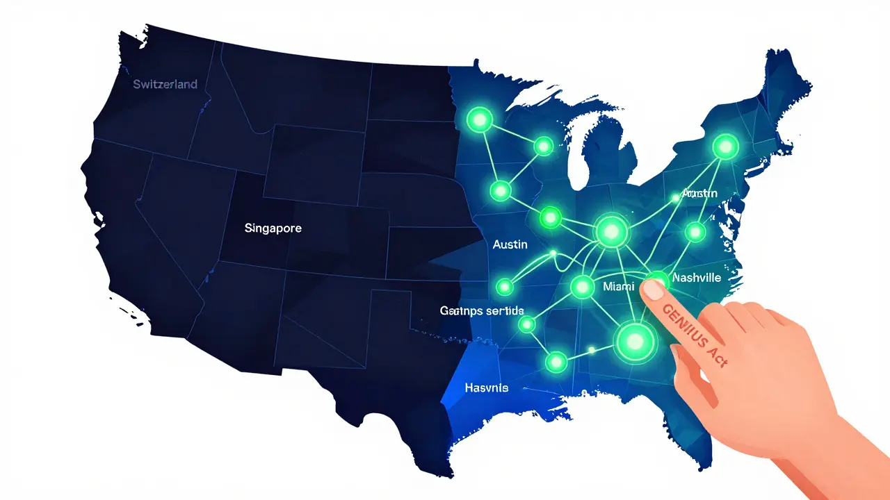 Split U.S. map showing crypto firms fleeing left and thriving right, connected by legal pathways under the GENIUS Act.