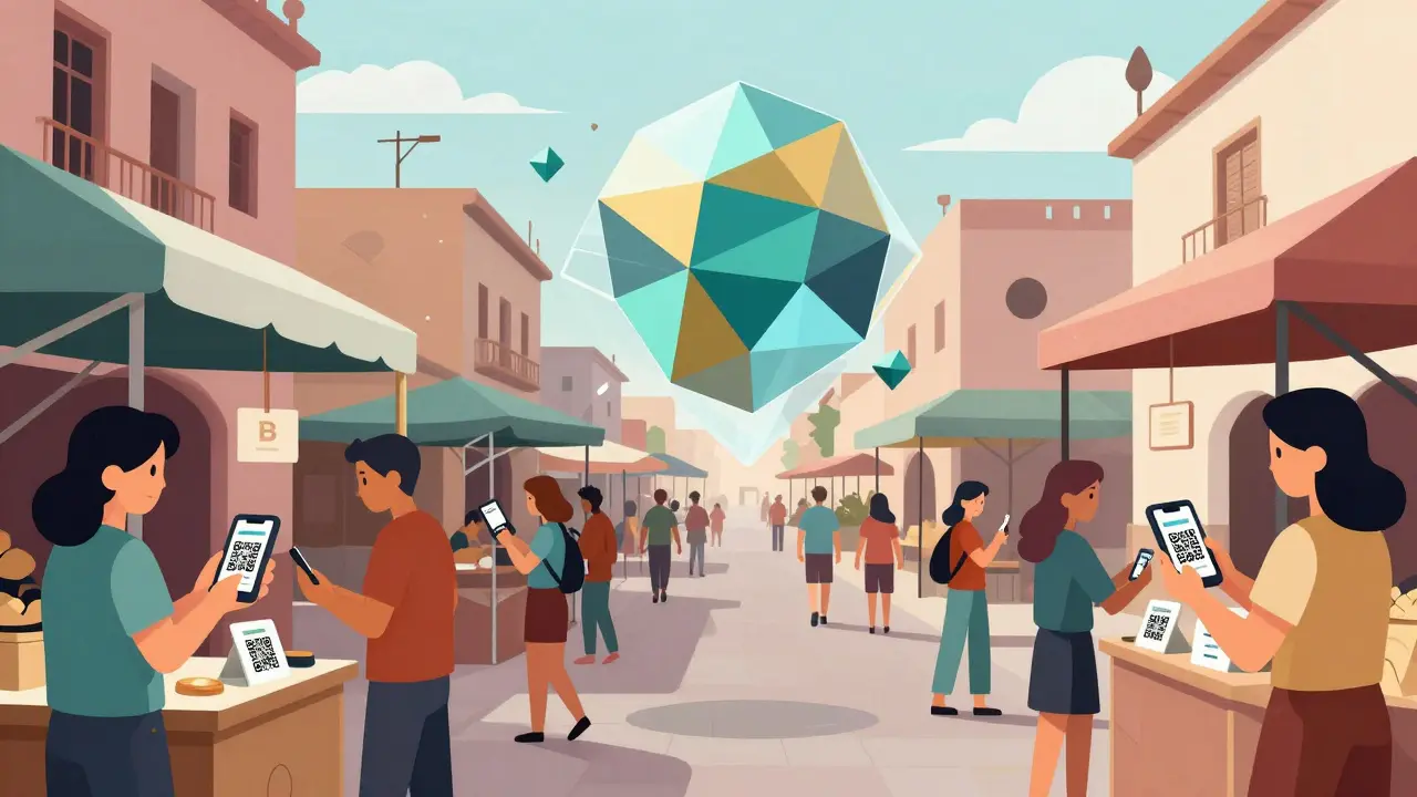 Street market vendors accepting crypto payments in La Paz, geometric illustration style.