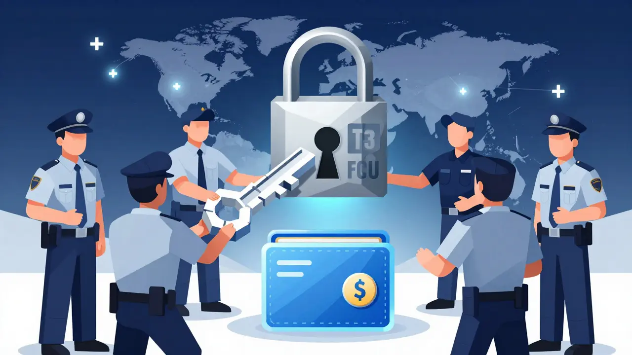 Team of figures unlocking a blockchain padlock with a geometric key, symbolizing global cooperation to recover stolen crypto funds.