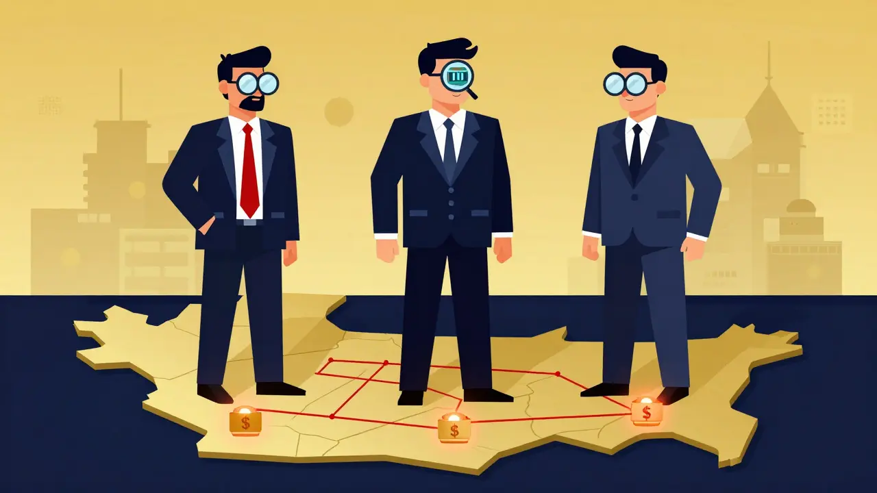 Three government agencies tracking crypto transactions on a digital map of Bangladesh.