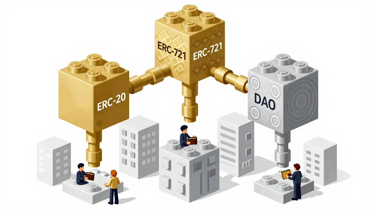 Three interconnected Lego-style blocks representing ERC-20, ERC-721, and DAO in a DeFi tower.