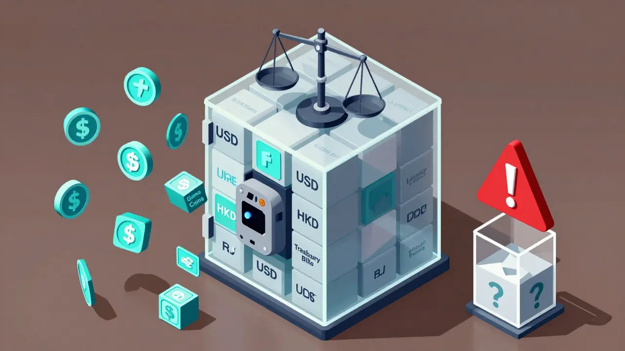 Transparent vault with cubic reserves guarded by a robot, excluding game and loyalty tokens, with warning signs.