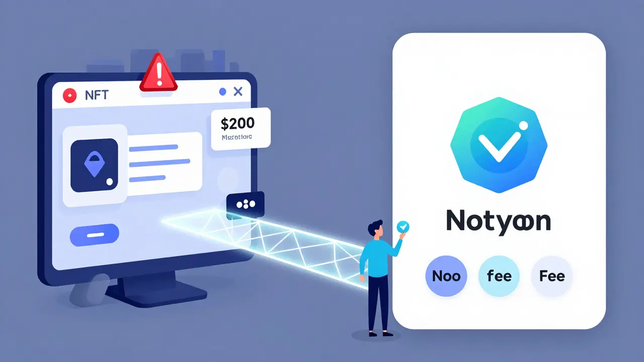 Two NFT marketplace interfaces side by side — one expensive and cluttered, the other clean and fee-free — with an artist choosing the better path.