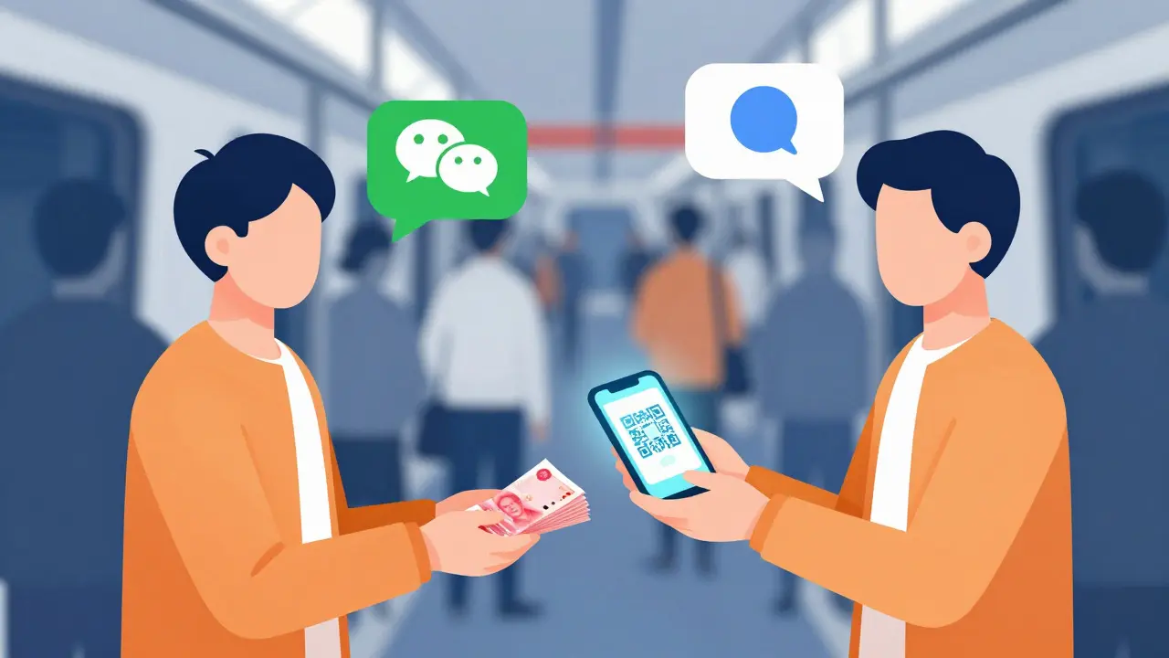 Two people trading crypto via P2P in a Beijing subway, exchanging cash for digital wallet codes.