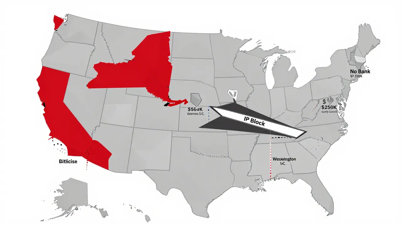 U.S. map showing state-specific crypto license requirements with capital icons and blocked paths.