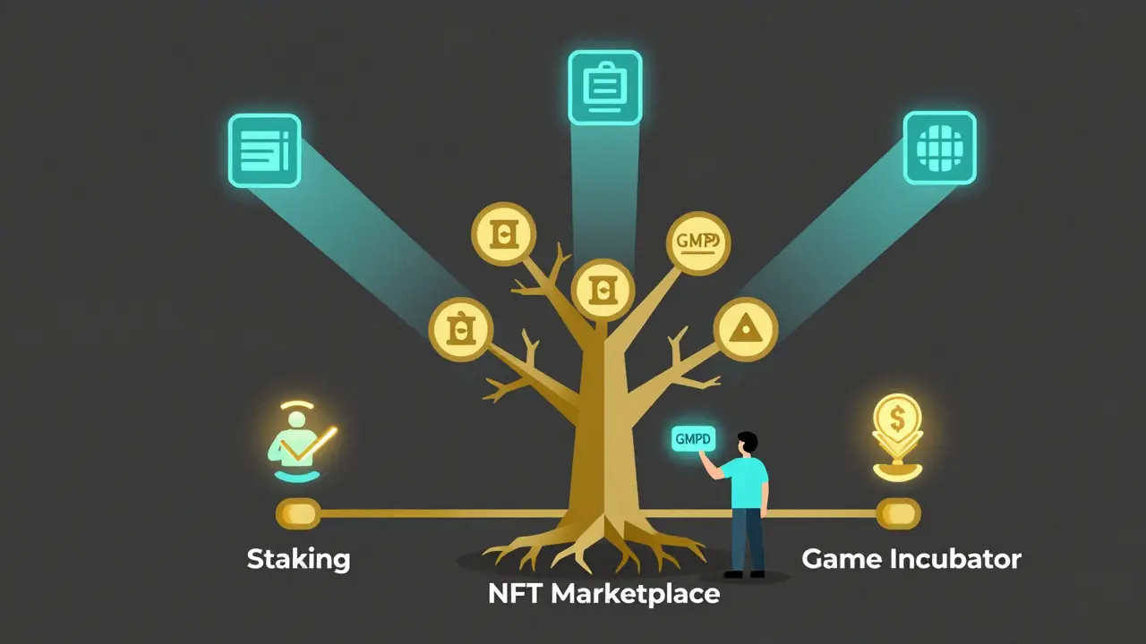 A blockchain ecosystem shaped like a tree with roots and branches representing staking and game incubation.