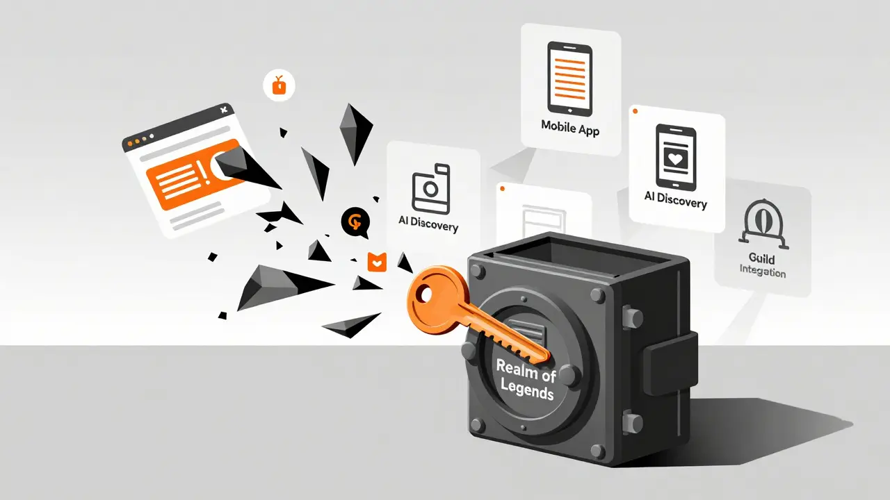 A digital wallet unlocking a vault labeled 'Realm of Legends' while scam icons crumble below.