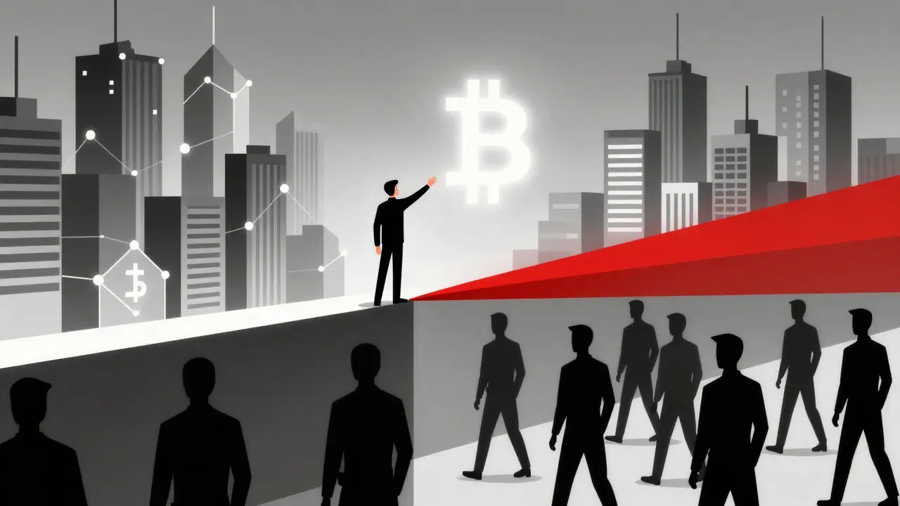 A figure reaching for a Bitcoin symbol blocked by an invisible wall, while officials escort others away in a geometric cityscape.