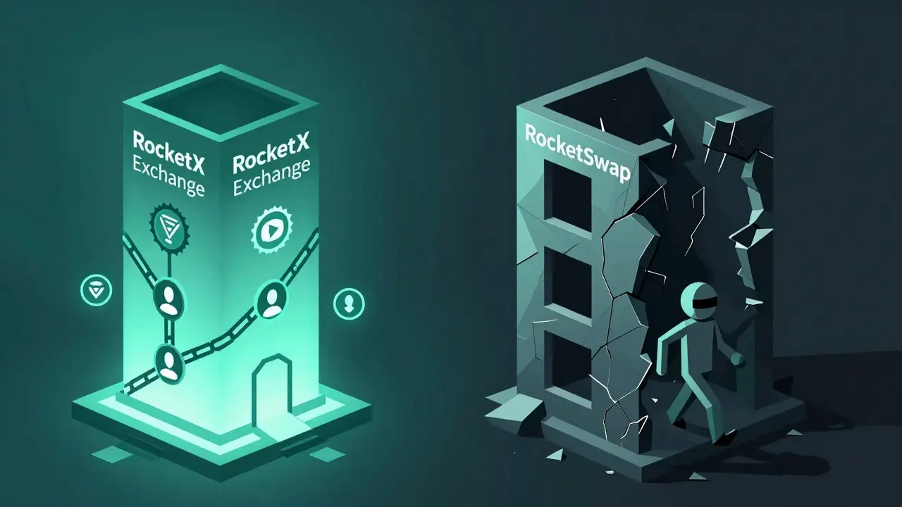 A geometric contrast between a solid, legitimate crypto exchange and a hollow fake copy with broken walls.