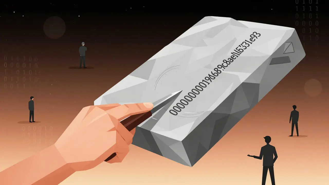 A hand carving the Genesis Block hash into a stone tablet, surrounded by binary code and symbolic figures in geometric style.