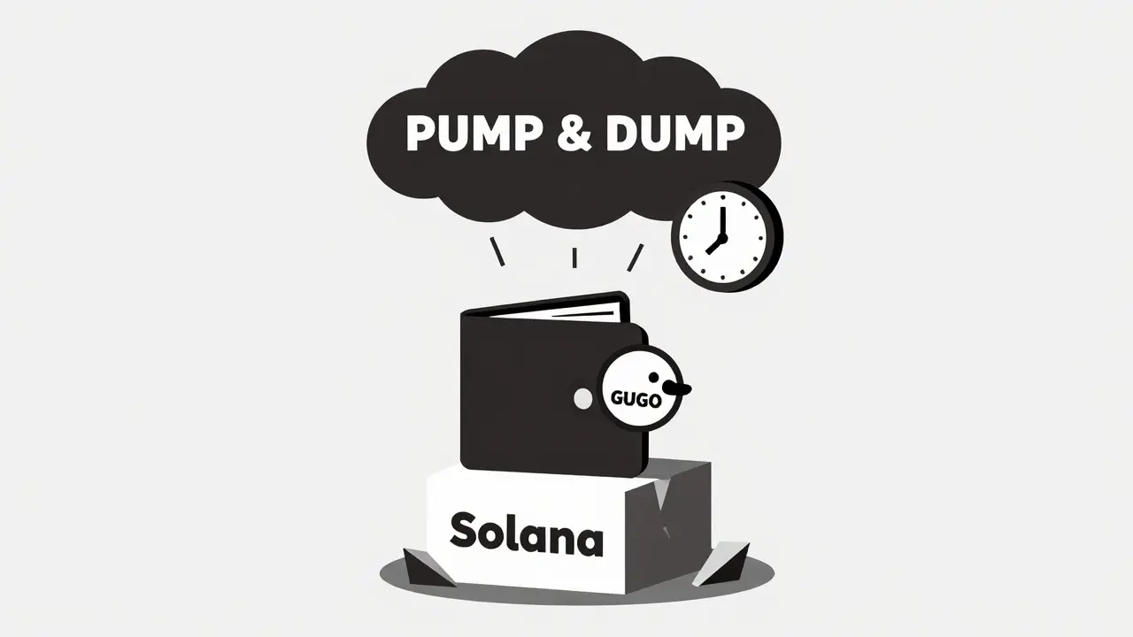 A lone GUGO token sits on a crumbling Solana pedestal under a dark pump-and-dump cloud.