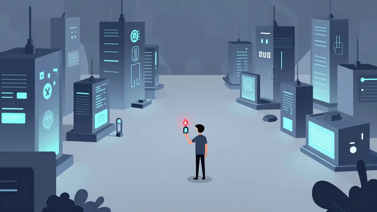 A lone person holding a LOS token surrounded by a vast, inactive digital landscape.