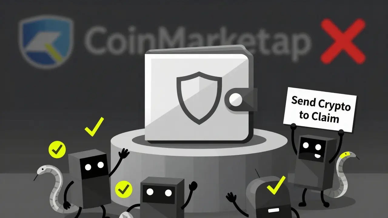 A secure wallet shielded from chaotic fake airdrop bots with snake tails and deceptive signs.